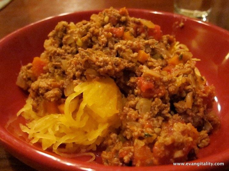 Meaty Spaghetti Sauce on Spaghetti Squash (with a picture demo on cutting your own mire poix)