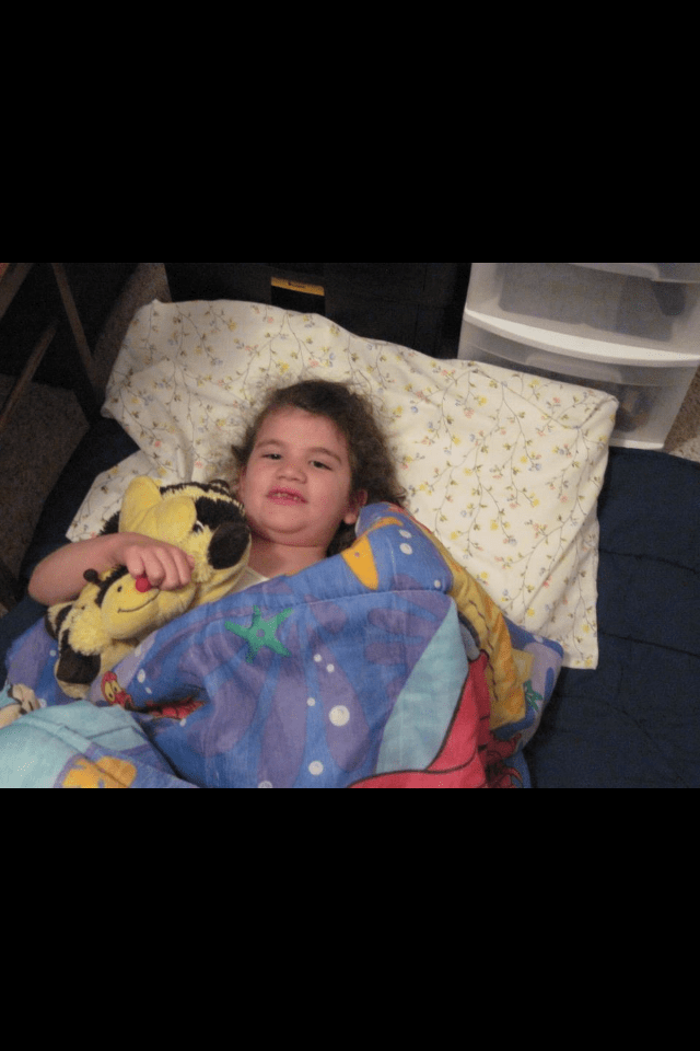 V got to spend the last weekend of April by herself at her Granny &amp; Grandpa's house. &nbsp;She was to the moon. &nbsp;Here is her the first night. &nbsp;Cadence upon seeing it (as she missed her something fierce) said, "Oh, she's SO cute!"