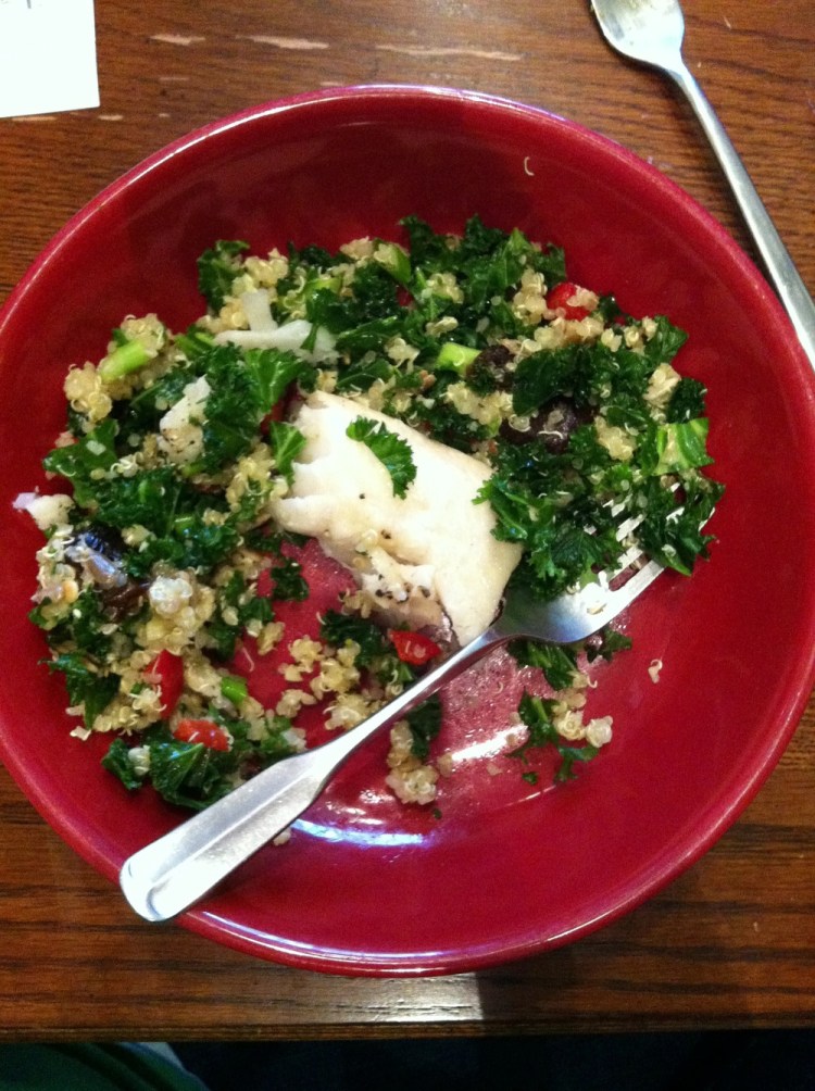 This was one of my favorite meals this month. &nbsp;I baked halibut, seasoning it with S&amp;P and some butter with lemon. &nbsp;Then, this salad of quinoa, red peppers, chopped kale, sunflower seeds, chopped dates, red wine &amp; EVOO dressing. &nbsp;It was altogether refreshing &amp; light.&nbsp;